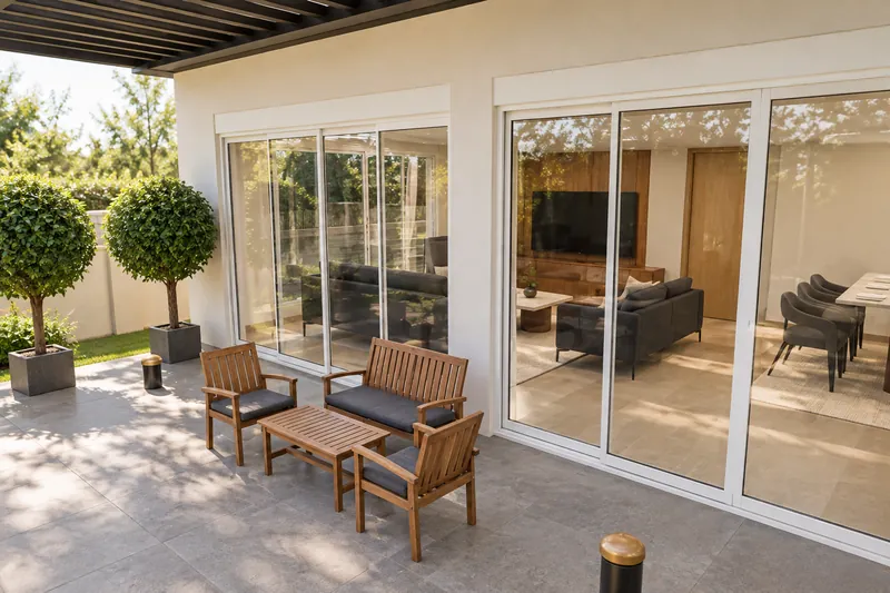 Pergola altındaki gölgeli terasın ahşap sandalyeler ve sürgülü cam kapılarla görselleştirmesi